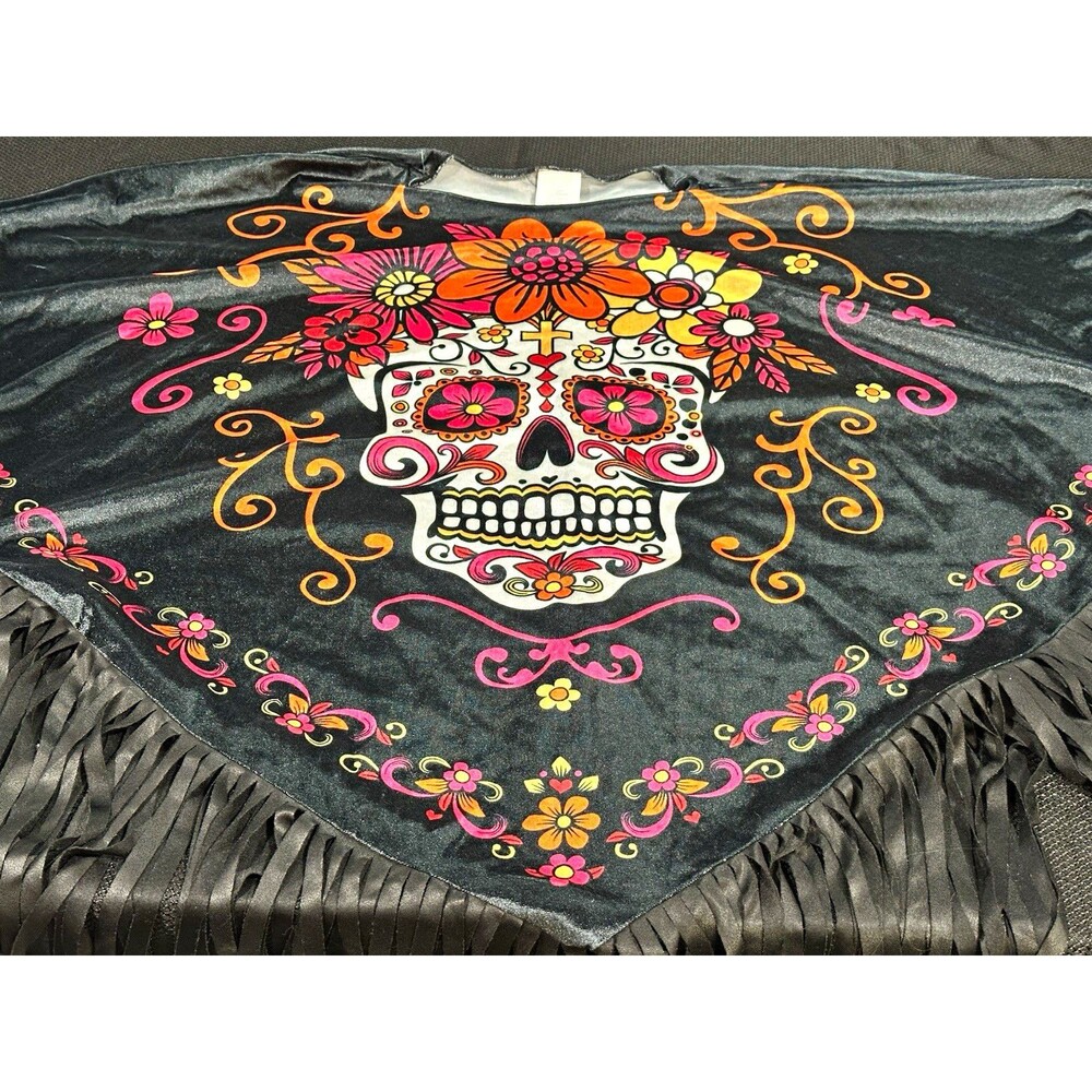 Dia de los Muertos Sugar Skull Fringe Poncho Halloween Costume One Size